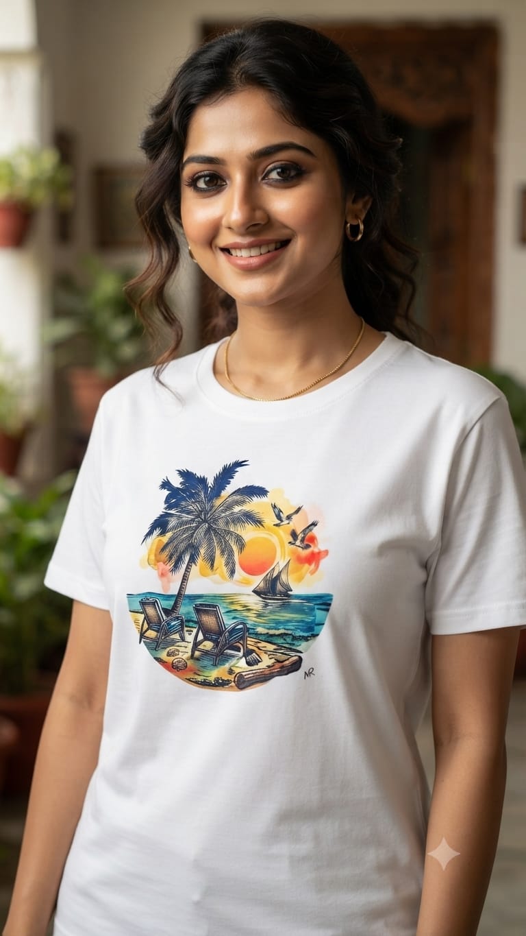 Premium Tropical Beach Graphic Printed Unisex T-Shirt | 180 GSM 100% Pure Cotton | White | Ong Bong Chong - Graphic T-Shirt by Ong Bong Chong