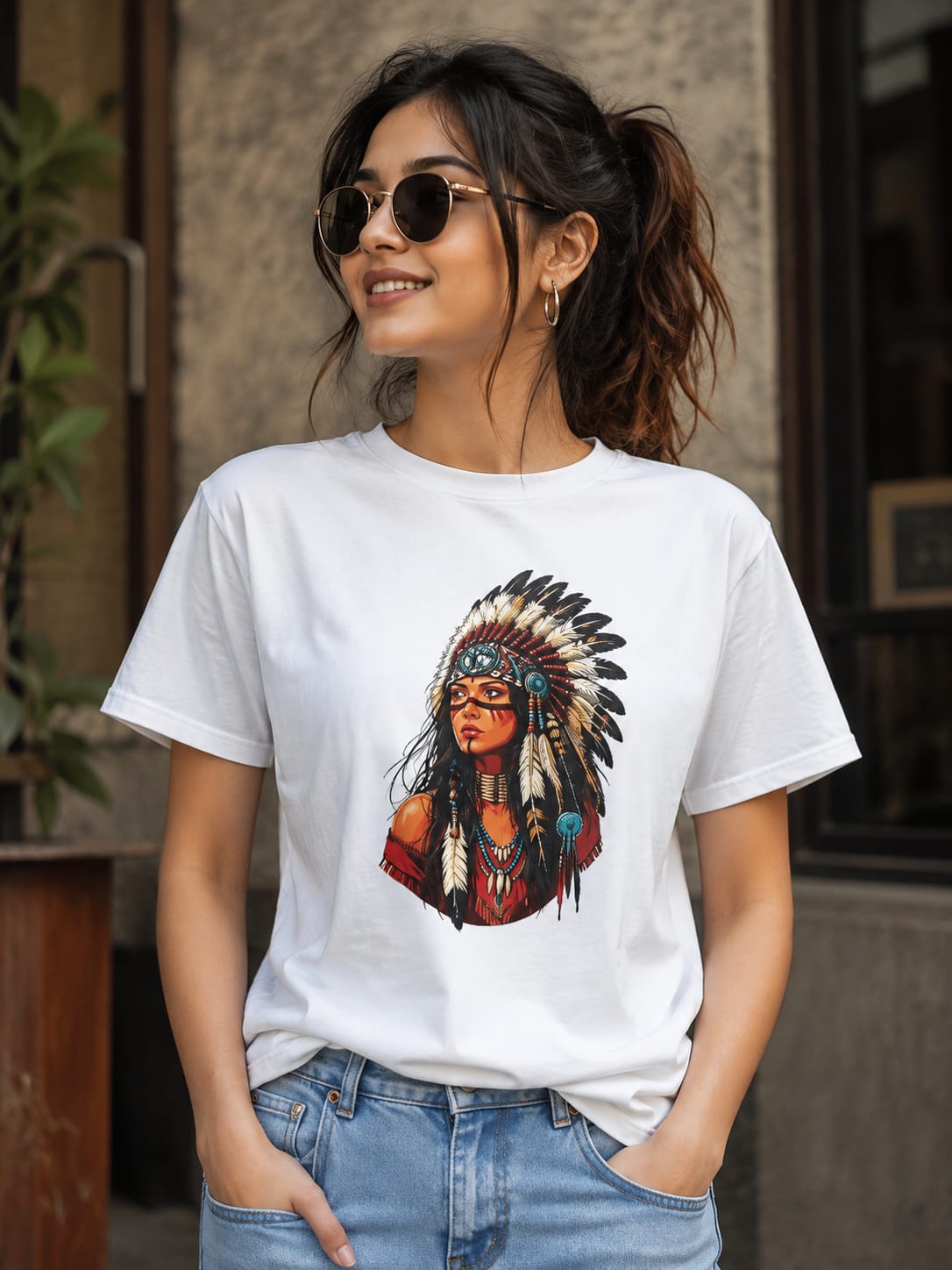 Premium White Graphic Printed T-Shirt for Women | Tribal Feather Art | 180 GSM Pure Cotton